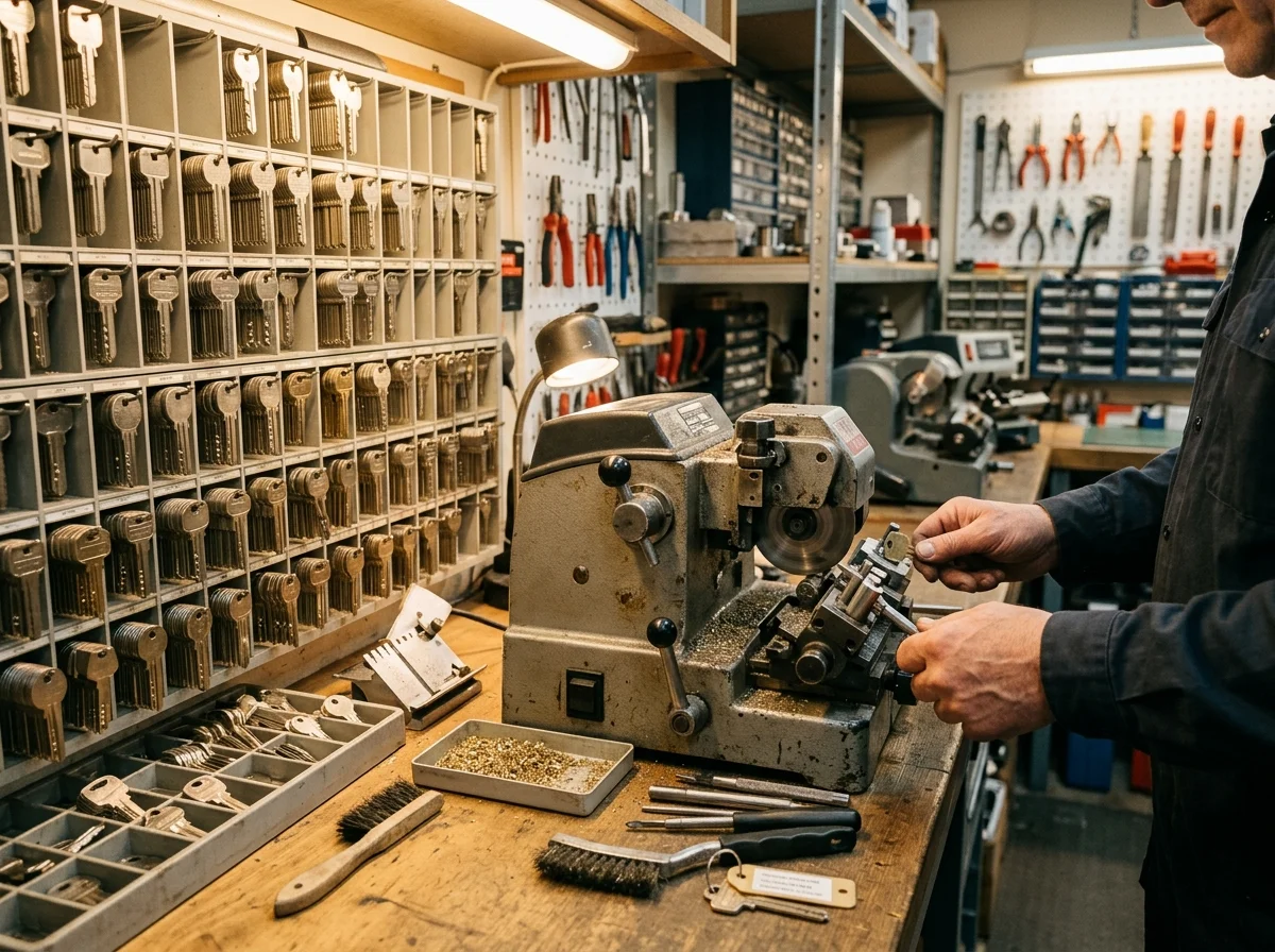 Präzise Bearbeitung eines mechanischen Schlüssels in einer Werkstatt